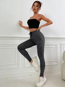 SHEIN Essnce Quần tất nữ Dây kéo màu trơn Giải trí - Màu xám đen - Xem 5