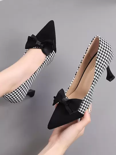 Houndstooth Pattern Bow Decor Court Pumps Valentines