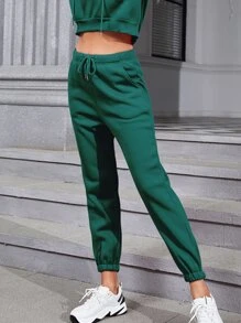 INAWLY Solid Drawstring Waist Joggers - Dark Green - View 4