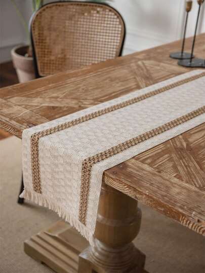 Bubaba 1 Stück Patchwork rechteckiger Tischläufer, nordischer Landhausstil Heimdekoration Esszimmermatte, Bohemien Quasten Tischläufer, vintage Leinen gewebte Tischdecke geeignet für Wohnzimmer, Esszimmer, Schreibtisch, Schlafzimmer, Party, Feiertags-Dekoration, für alle Jahreszeiten