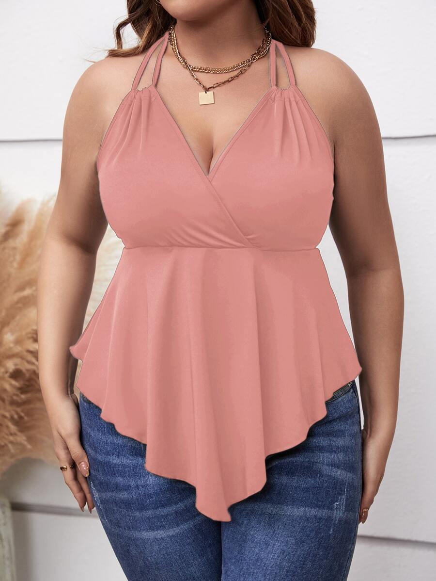 SHEIN Holidaya Plus Tie Backless Hanky Hem Halter Top - Coral Pink - View 1