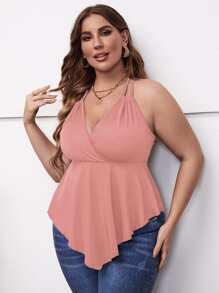 SHEIN Holidaya Plus Tie Backless Hanky Hem Halter Top - Coral Pink - View 3