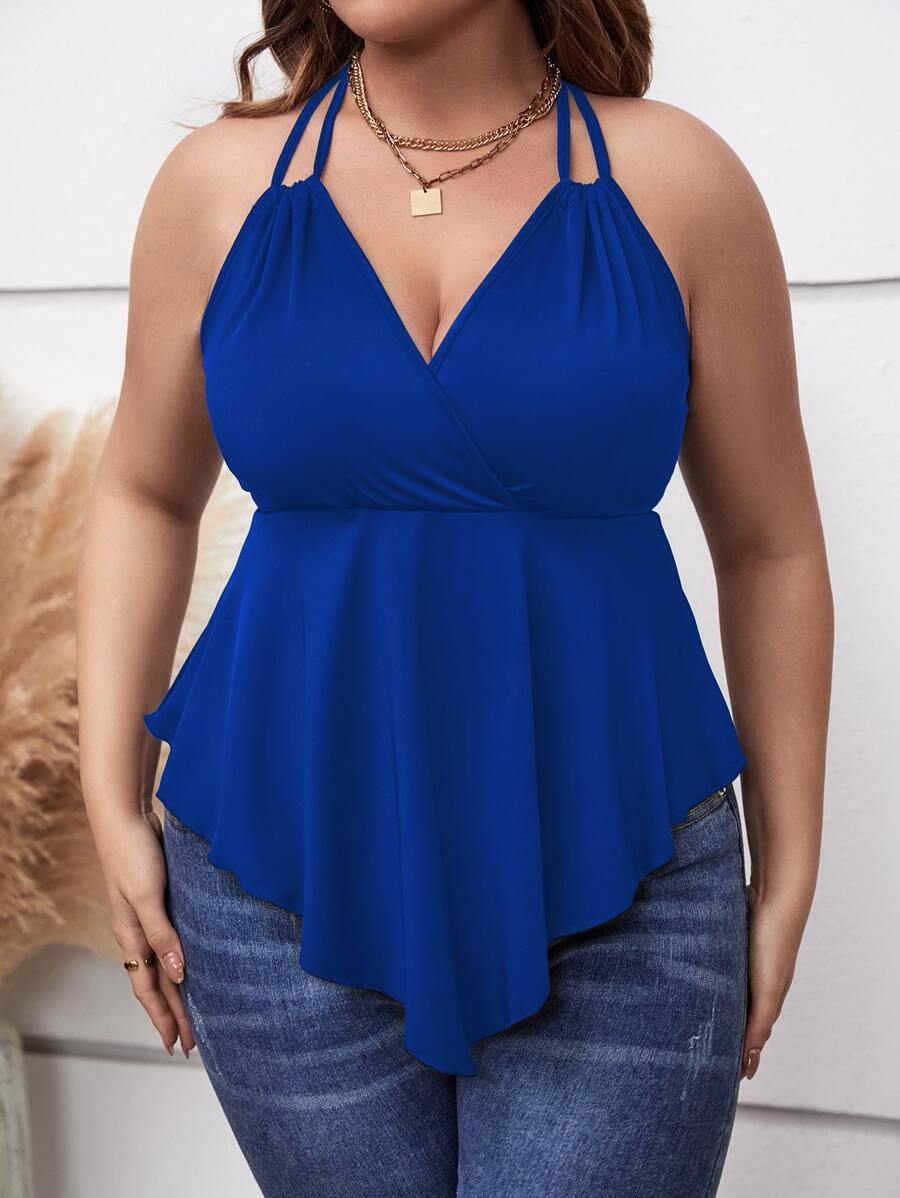 SHEIN Holidaya 大碼後背繫帶手帕下擺掛脖上衣 - 寶藍色 - 查看 1