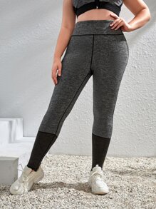 SHEIN Yoga Basic 大碼拼接面頂針運動打底褲 - 深灰色 - 查看 5