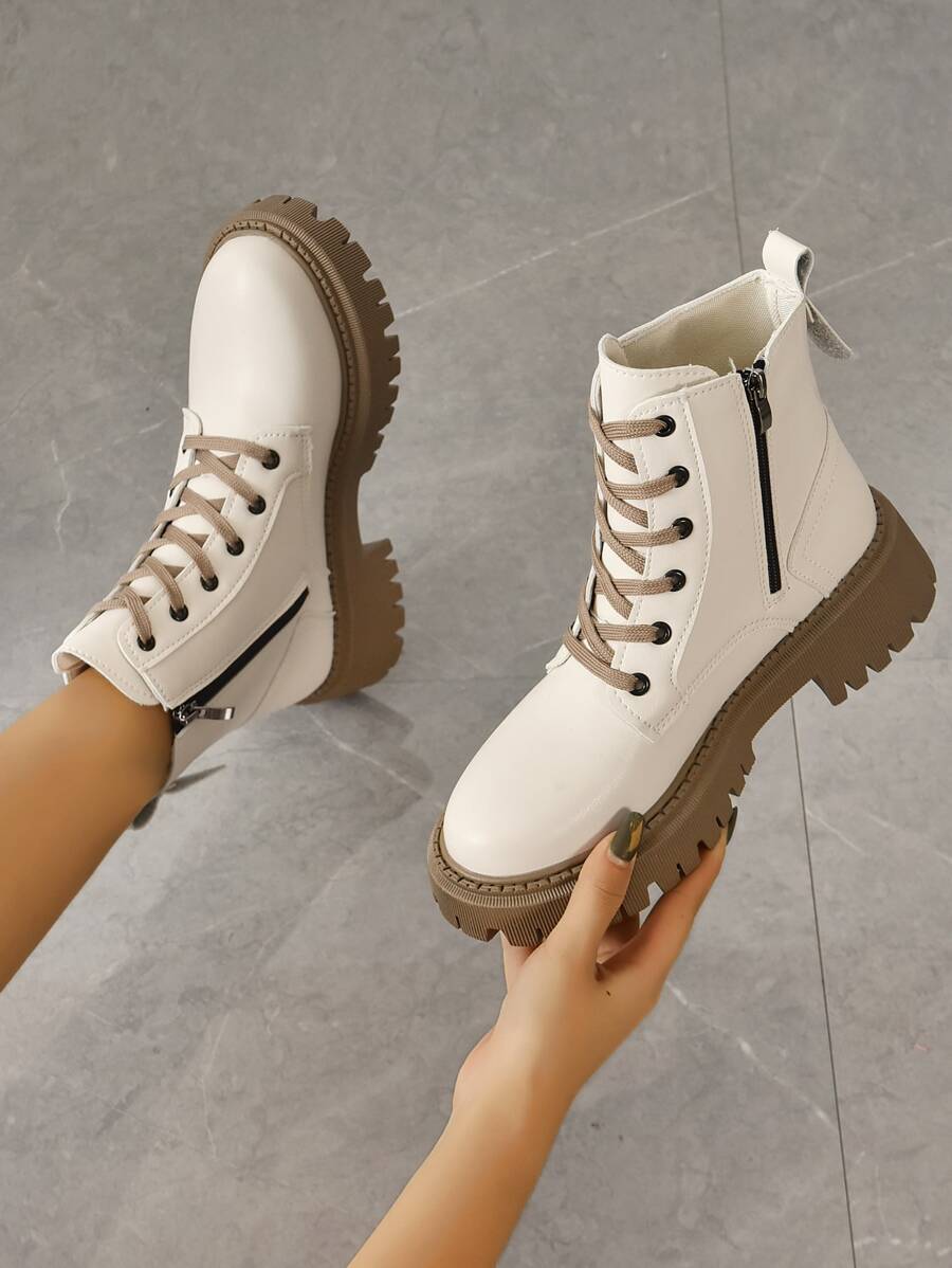 Fall/Winter Unisex Boots With Side Zipper, Lace Up And Frontal Design - Beige - View 1