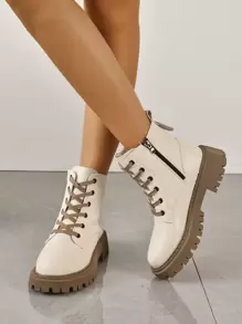 Fall/Winter Unisex Boots With Side Zipper, Lace Up And Frontal Design - Beige - View 4