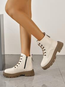 Fall/Winter Unisex Boots With Side Zipper, Lace Up And Frontal Design - Beige - View 5