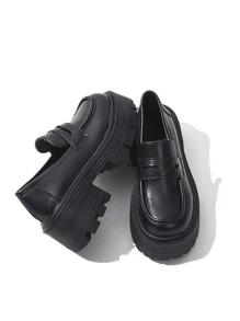 女士黑色極簡厚底一腳蹬樂福鞋,龐克圓頭中間跟坡跟鞋