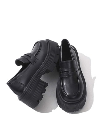 Mocasines sin cordones minimalistas negros con plataforma plana para mujer, cuñas de tacón medio con punta redonda punk