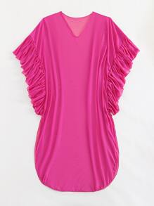 Ruffle Trim Batwing Sleeve Cover Up - Hot Pink - View 8