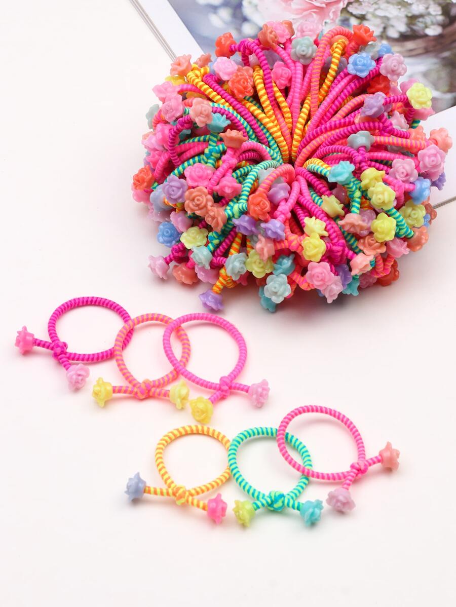 100入組小女童花朵裝飾髮圈 - 彩色 - 查看 1