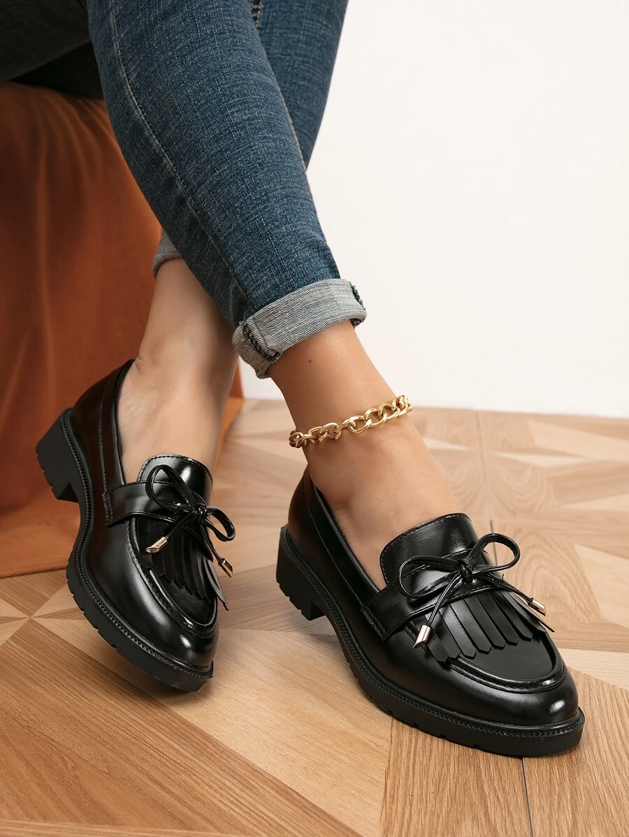 秋冬女士休闲圆头平底乐福鞋，流苏蝴蝶结设计套脚平底鞋，芭蕾平底鞋 - 黑色 - 查看 1