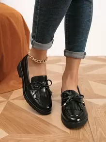 秋冬女士休闲圆头平底乐福鞋，流苏蝴蝶结设计套脚平底鞋，芭蕾平底鞋 - 黑色 - 查看 3