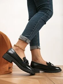 秋冬女士休闲圆头平底乐福鞋，流苏蝴蝶结设计套脚平底鞋，芭蕾平底鞋 - 黑色 - 查看 6