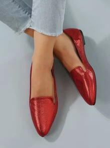 Glitter Point Toe Flat Loafers - Red - View 3