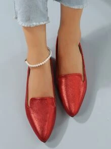 Glitter Point Toe Flat Loafers - Red - View 2
