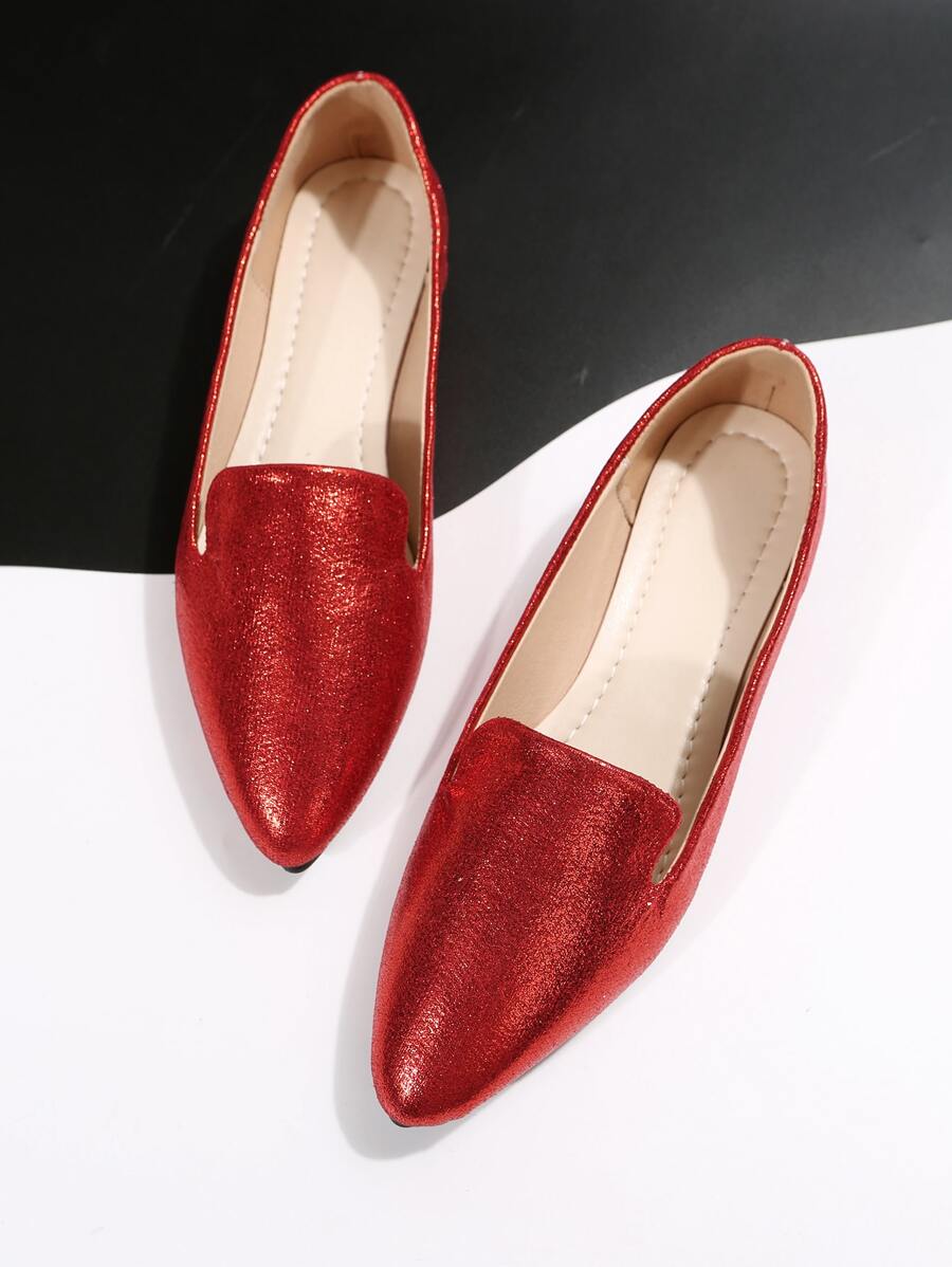 Glitter Point Toe Flat Loafers - Red - View 1