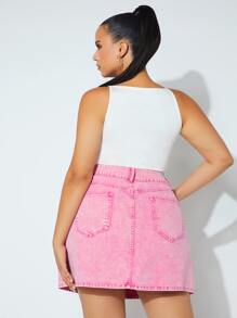 Plus High Waist Denim Skirt - Pink - View 2