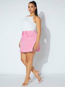 Plus High Waist Denim Skirt - Pink - View 4
