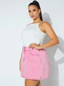 Plus High Waist Denim Skirt - Pink - View 5