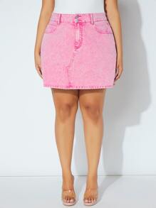 Plus High Waist Denim Skirt - Pink - View 6
