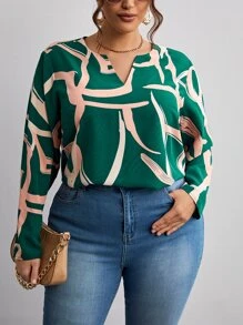 SHEIN Frenchy Plus Graphic Print Notched Neck Blouse - Dark Green - View 1