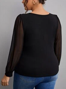 SHEIN Frenchy 加大对比网眼灯笼袖方领上衣