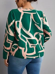 SHEIN Frenchy Plus Graphic Print Notched Neck Blouse - Dark Green - View 2