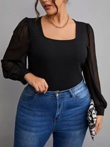 SHEIN Frenchy 加大对比网眼灯笼袖方领上衣