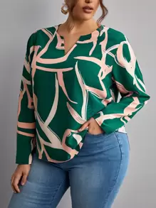 SHEIN Frenchy Plus Graphic Print Notched Neck Blouse - Dark Green - View 4