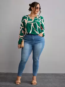 SHEIN Frenchy Plus Graphic Print Notched Neck Blouse - Dark Green - View 5