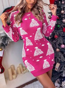 SHEIN Christmas Tree Pattern Jumper Dress - Hot Pink - View 1
