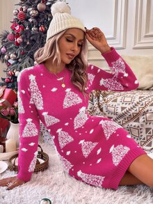 SHEIN Christmas Tree Pattern Jumper Dress - Hot Pink - View 6