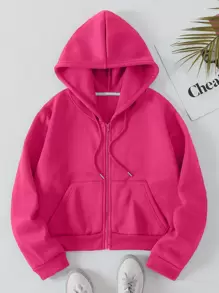 INAWLY 大码纯色拉链抽绳保暖内衬卫衣 - 玫紅色 - 查看 1