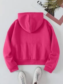 INAWLY 大码纯色拉链抽绳保暖内衬卫衣 - 玫紅色 - 查看 2