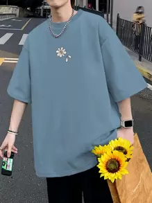 Claim Dot Camiseta Oversize De Hombro Caído Con Bordado Floral Para Hombres - Neblina azul - Ver 1