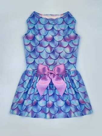 1pc Fish Scale Print Bow Decor Pet Dress