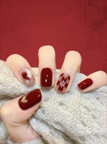 ROMWE 24入組果凍紅色棋盤格假指甲帶閃光裝飾和1入組指甲銼和1入組果凍膠