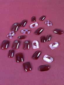 ROMWE 24入組果凍紅色棋盤格假指甲帶閃光裝飾和1入組指甲銼和1入組果凍膠