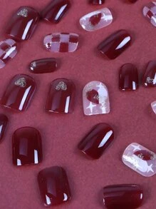 ROMWE 24入組果凍紅色棋盤格假指甲帶閃光裝飾和1入組指甲銼和1入組果凍膠