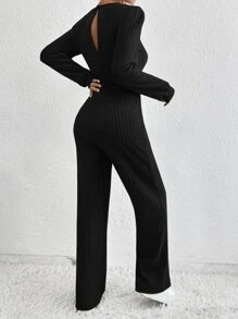 SHEIN EZwear Scoop Neck Knot Waist Ribbed Knit Jumpsuit - Black - View 2