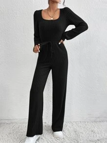 SHEIN EZwear Scoop Neck Knot Waist Ribbed Knit Jumpsuit - Black - View 3