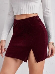 SHEIN Privé Falda de terciopelo bajo con abertura - Burdeos - Ver 4