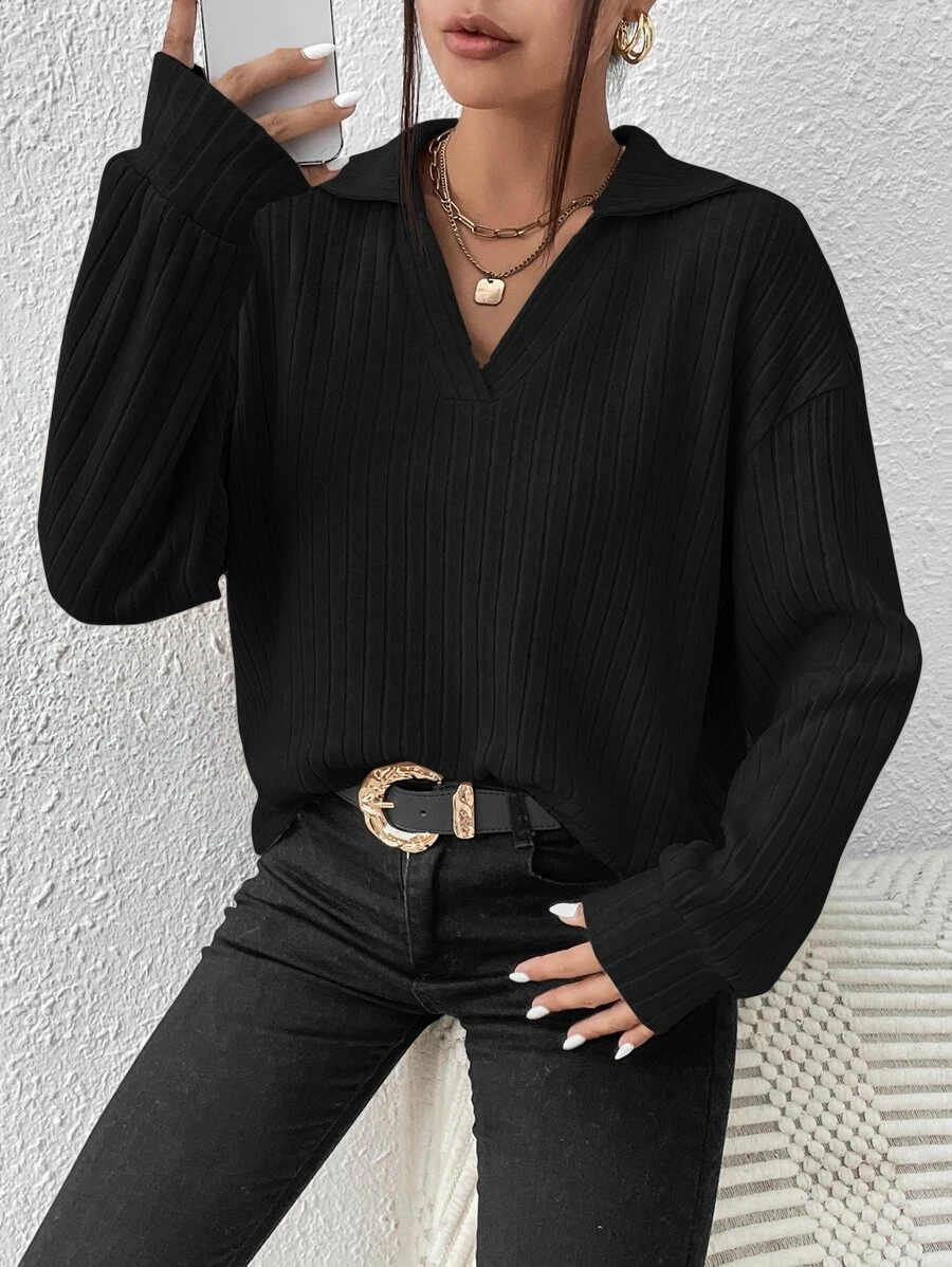 SHEIN Essnce Solid Rib-knit Drop Shoulder Tee - Black - View 1