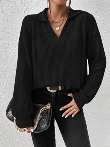 SHEIN Essnce Solid Rib-knit Drop Shoulder Tee - Black - View 3