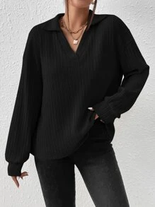 SHEIN Essnce Solid Rib-knit Drop Shoulder Tee - Black - View 4