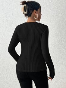 SHEIN Frenchy Chất rắn Cổ v Textured Chất vải Đen Áo thun - màu đen - Xem 2