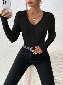 SHEIN Frenchy Chất rắn Cổ v Textured Chất vải Đen Áo thun - màu đen - Xem 4