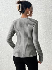 SHEIN Frenchy V領條紋針織T恤 - 灰色 - 查看 2