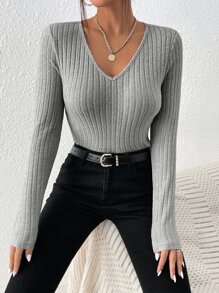 SHEIN Frenchy V領條紋針織T恤 - 灰色 - 查看 5